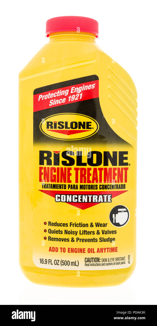 Winneconne, WI 7 August 2018 A bottle of Rislone engine treatment oil on an isolated