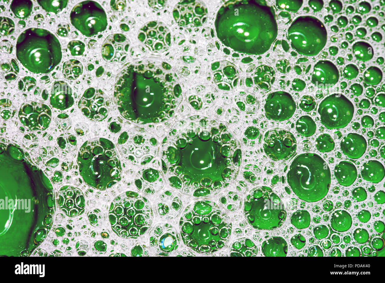 White soap bubbles and suds creating frothy foam on the surface of green water with air pockets of many tiny silver domes on the liquid. Copyspace are Stock Photo