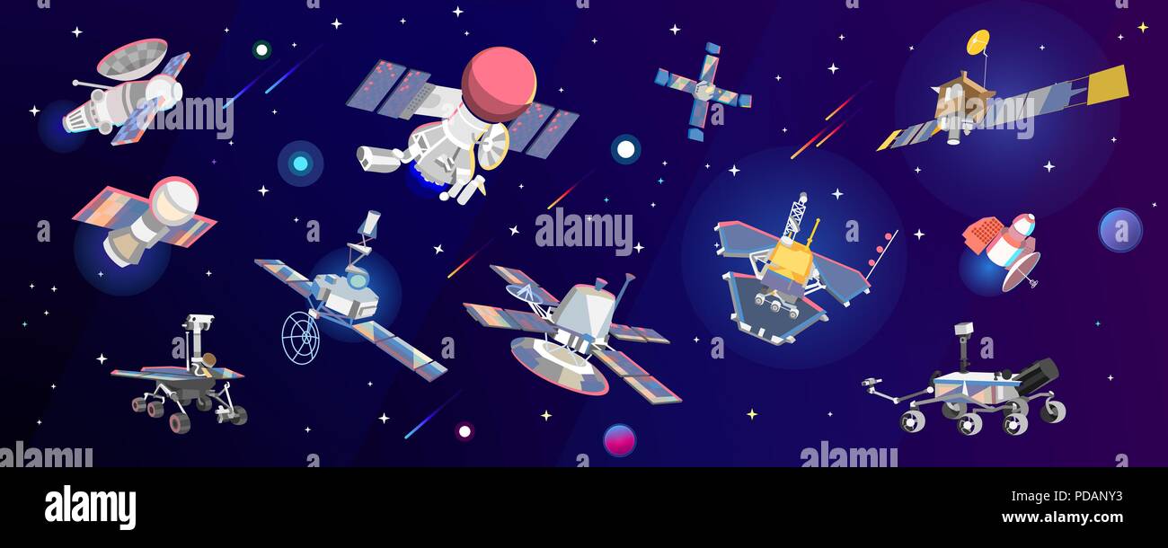 Space ships of Mars and Venus in the starry space. Vector illustration of a space set. Stock Vector
