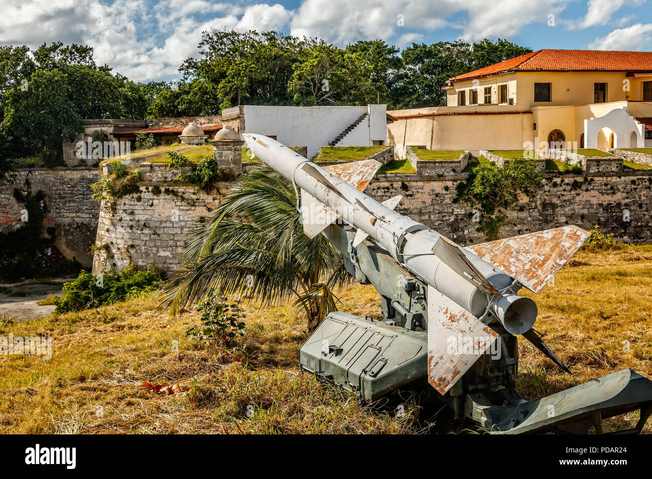 Rusty Soviet missile from 1962 Carribean crisis standing in la Cabana fortress, Havana, Cuba Stock Photo