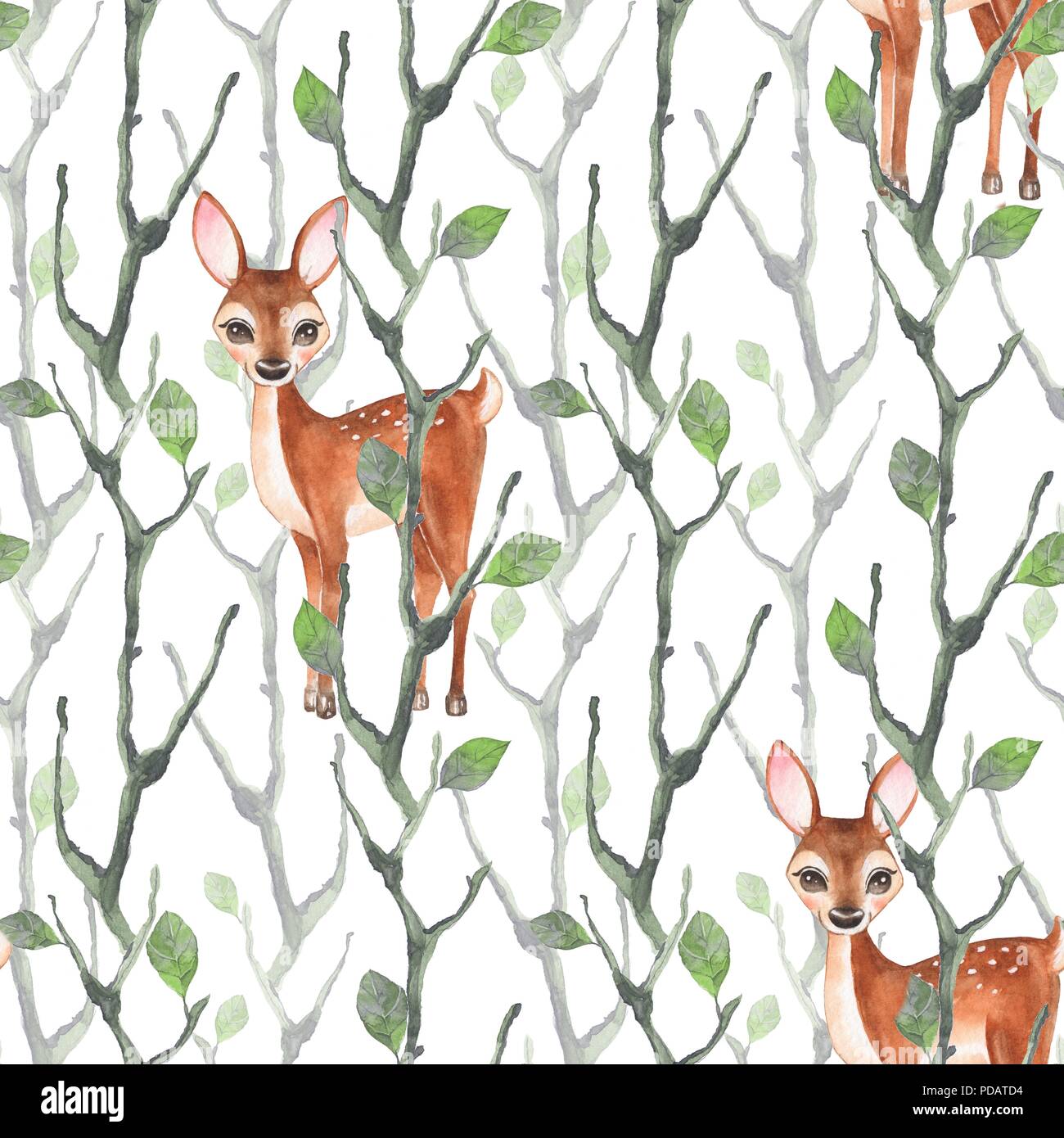 Watercolor  seamless pattern with fawn and trees Stock Photo