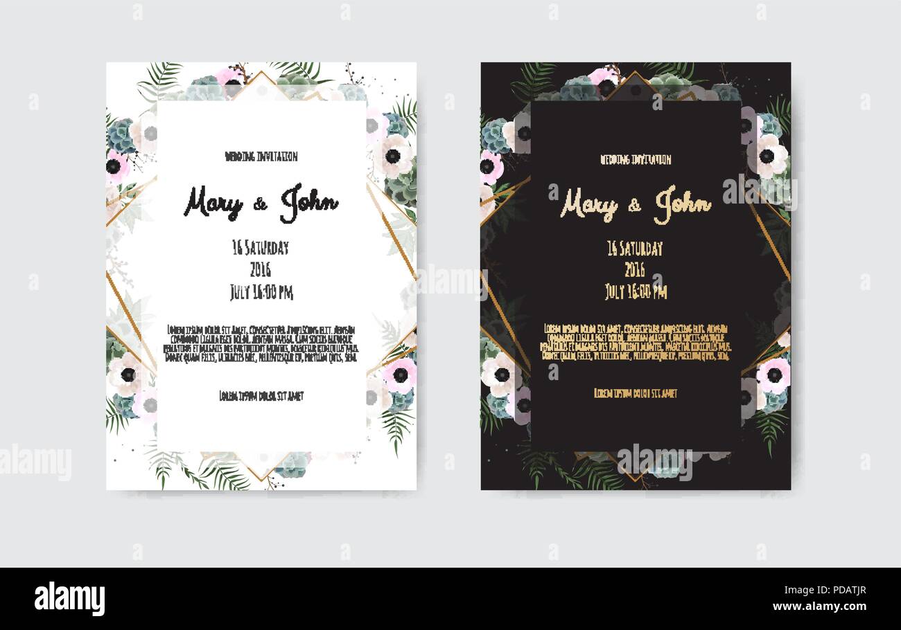 Botanical wedding invitation card template design, white and pink ...