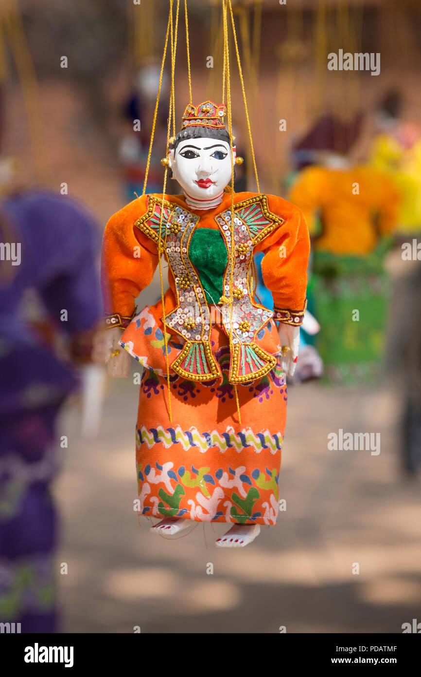 Puppet sale at Htilominlo temple, Bagan, Myanmar Stock Photo