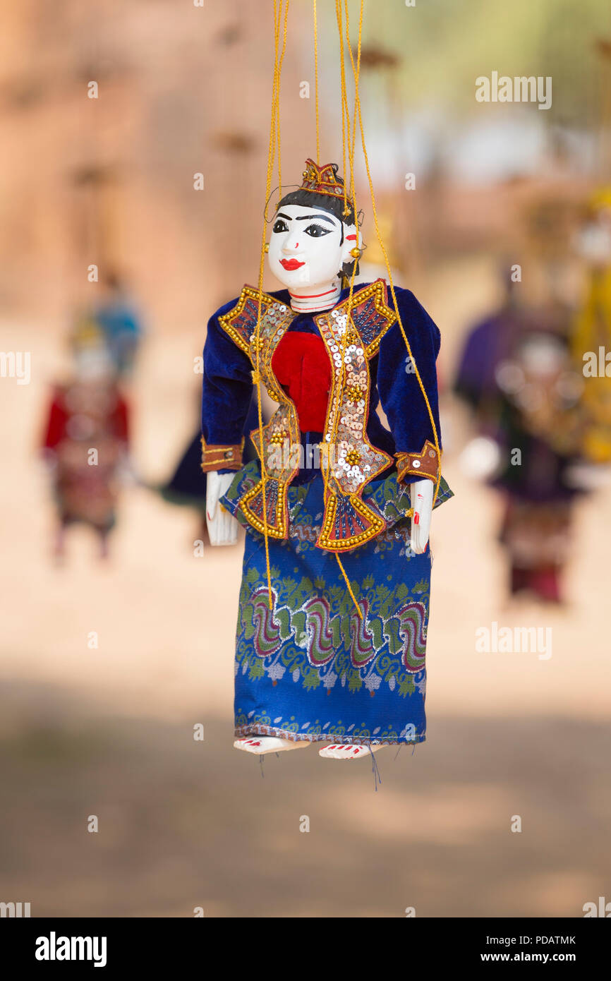 Puppet sale at Htilominlo temple, Bagan, Myanmar Stock Photo