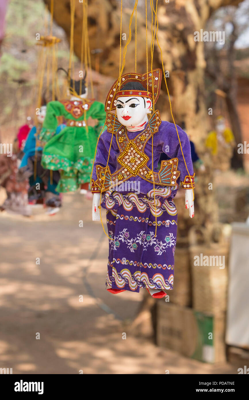 Puppet sale at Htilominlo temple, Bagan, Myanmar Stock Photo