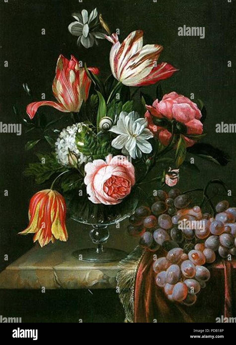 Anna Ruysch - Tulips and Roses in a Vase on a Marble Table. Stock Photo