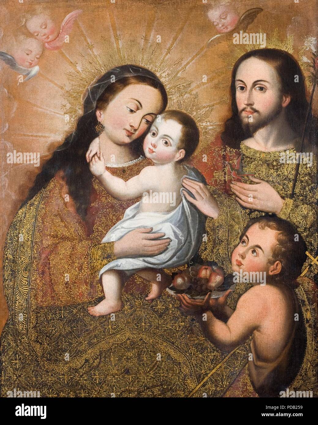 Anonymous Cusco School - Holy Family with Saint John and a Goldfinch - Stock Photo