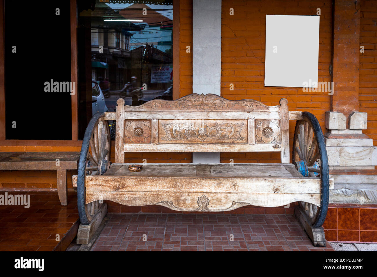Old Wooden Bench Found In Bali With Design In The Wood And Wagon