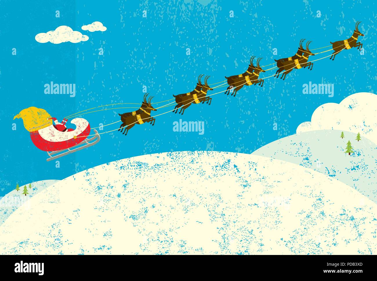 Santa and his Reindeer. Santa Claus flying in his sleigh being pulled by his reindeer. Stock Vector