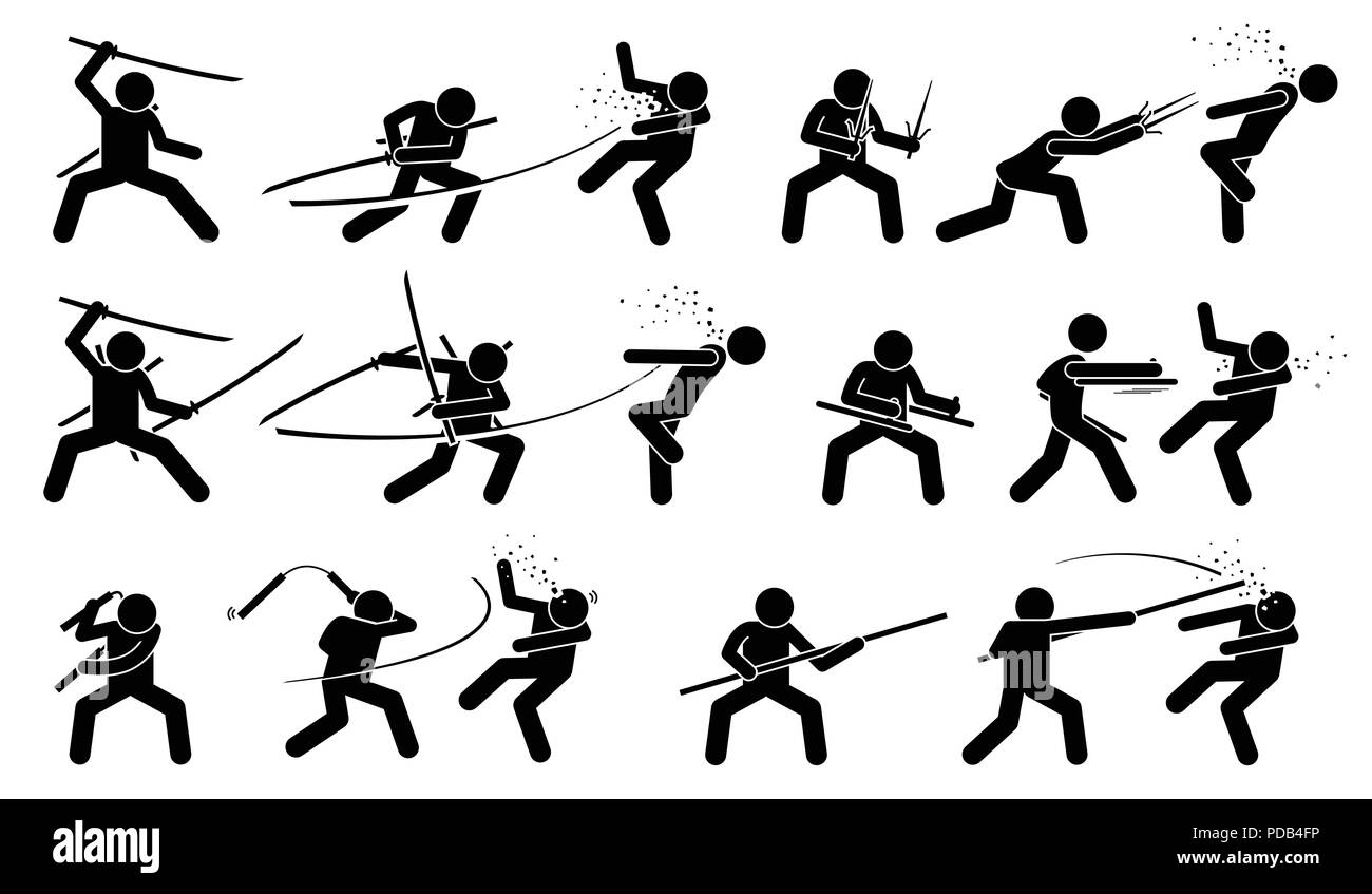 Man attacking opponent with traditional Japanese melee fighting weapons. Stock Vector