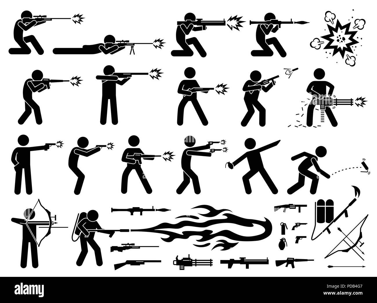 Man attacks with various type of modern warfare weapons. Stock Vector