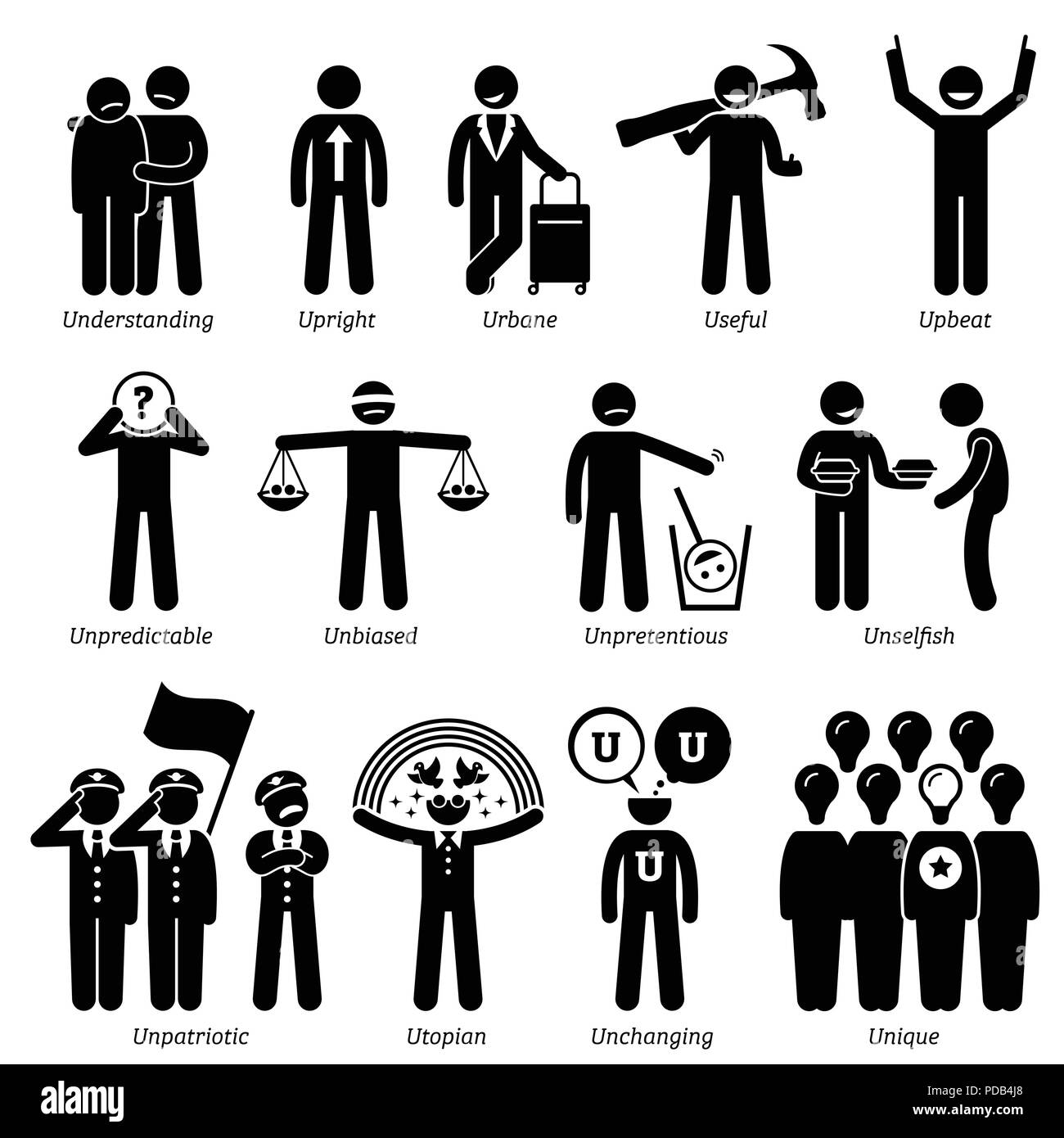 Positive neutral personalities character traits stick figures man