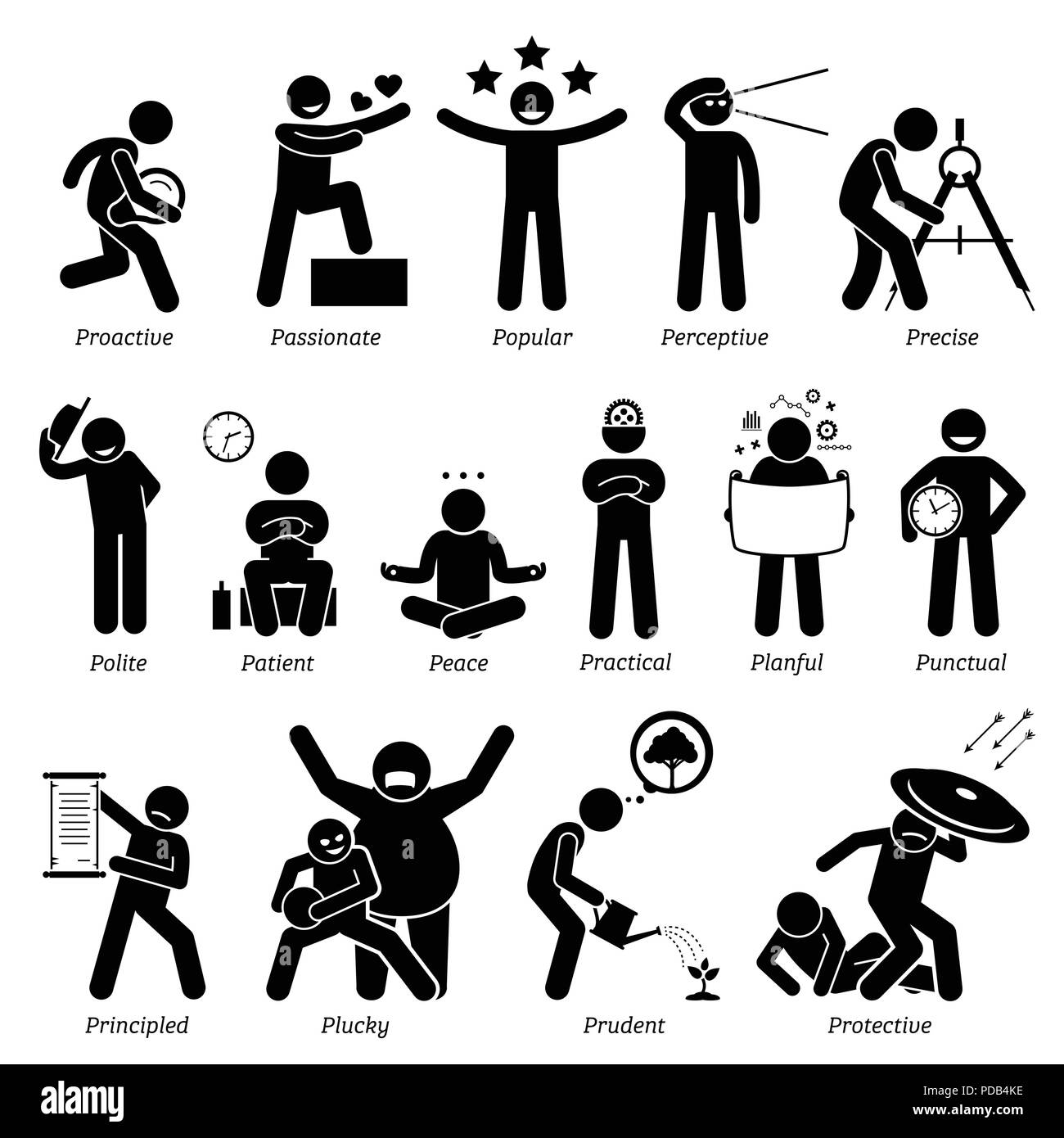 Positive Personalities Character Traits. Stick Figures Man Icons. Starting with the Alphabet P. Stock Vector