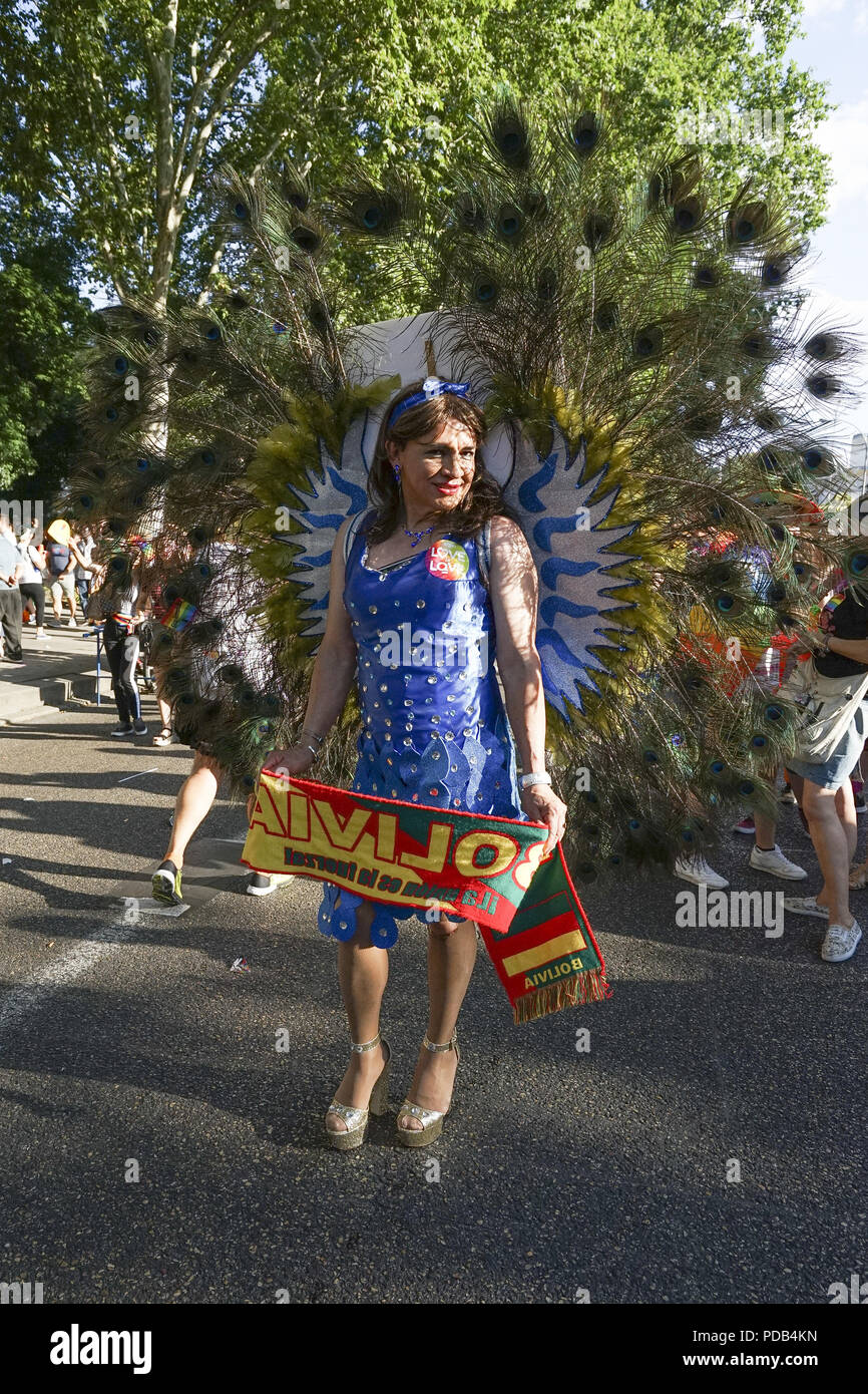 The Gay Pride 2018 parade in Madrid, Spain, one of the world's biggest. This year marks 40 years since Madrid's first authorised LGBT demonstration was organised by the Homosexual Liberation Front of Castilla (FLHOC). Revellers marched from Atocha station to the Plaza de Colon for the grand finale of Madrid Pride.  Featuring: atmosphere Where: Madrid, Community of Madrid, Spain When: 07 Jul 2018 Credit: Oscar Gonzalez/WENN.com Stock Photo