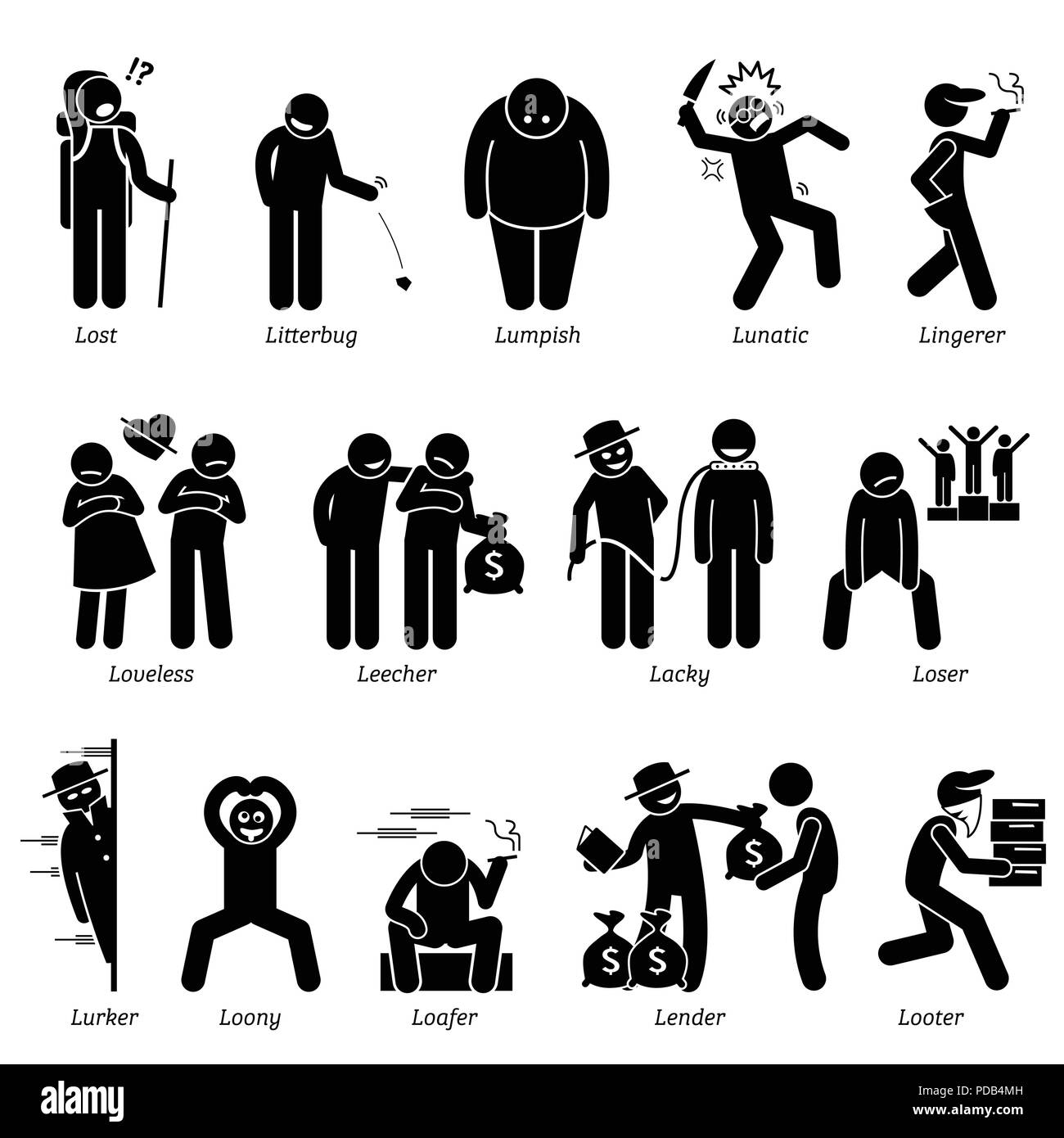 Negative Personalities Character Traits. Stick Figures Man Icons. Starting with the Alphabet L. Stock Vector