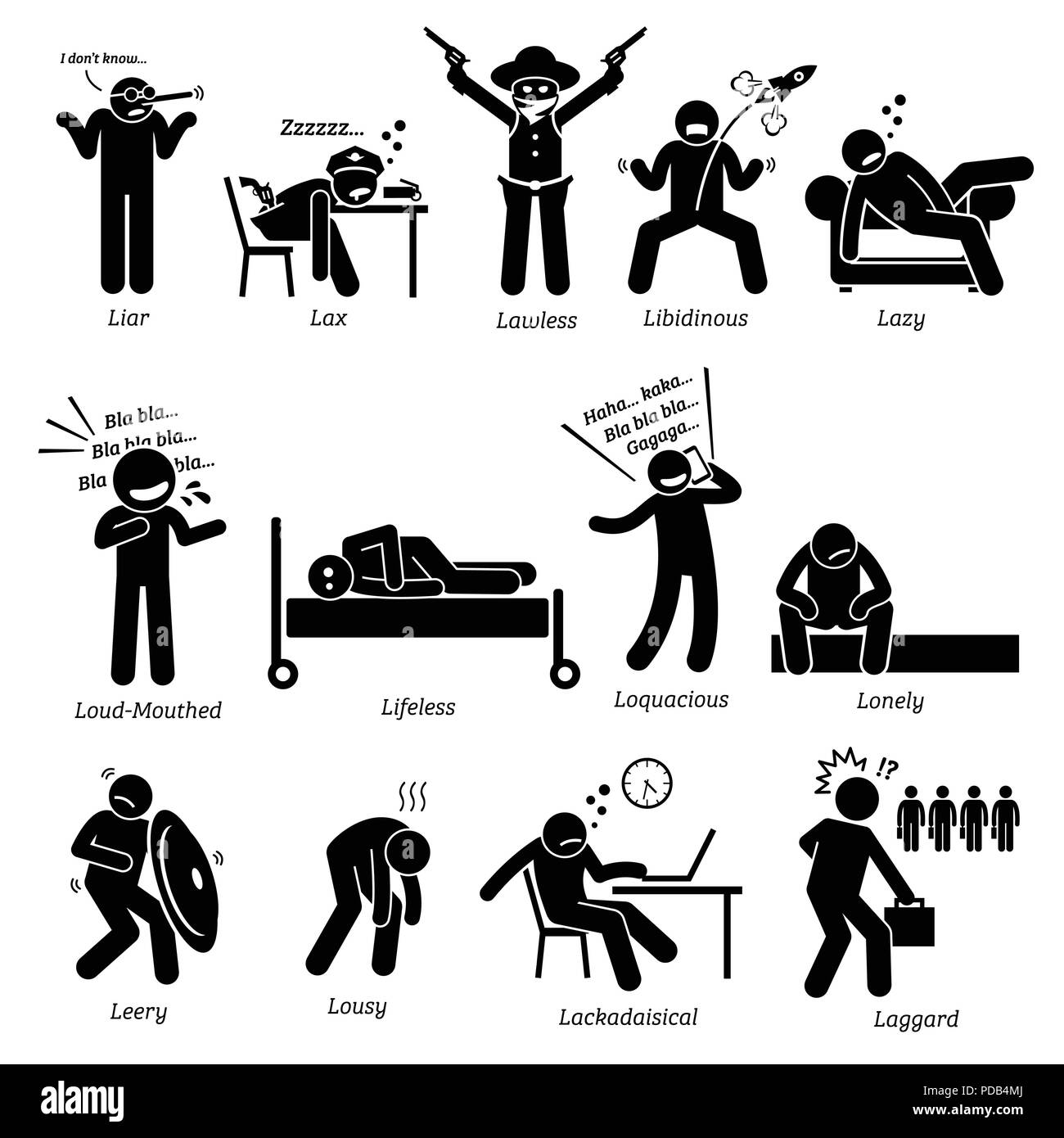 Negative Personalities Character Traits. Stick Figures Man Icons. Starting with the Alphabet L. Stock Vector