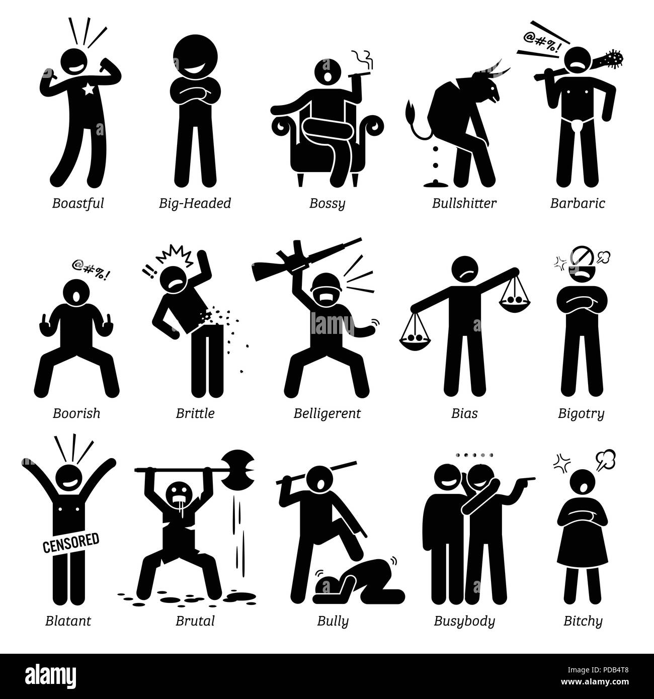 Negative Personalities Character Traits. Stick Figures Man Icons. Starting with the Alphabet B. Stock Vector