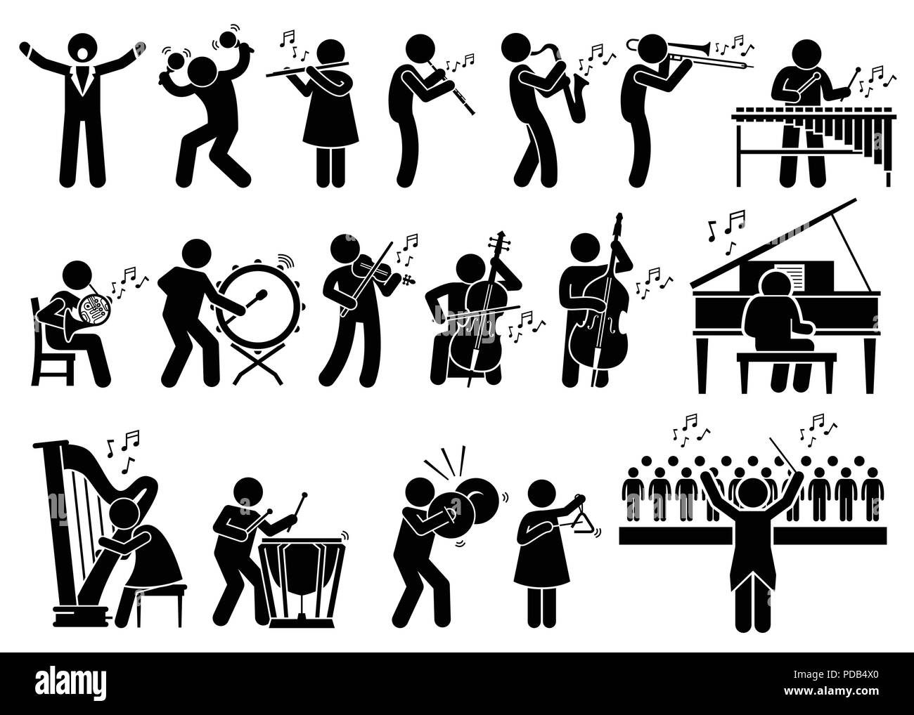 Orchestra Symphony Musicians with Musical Instruments Stick Figure Pictogram Icons Stock Vector