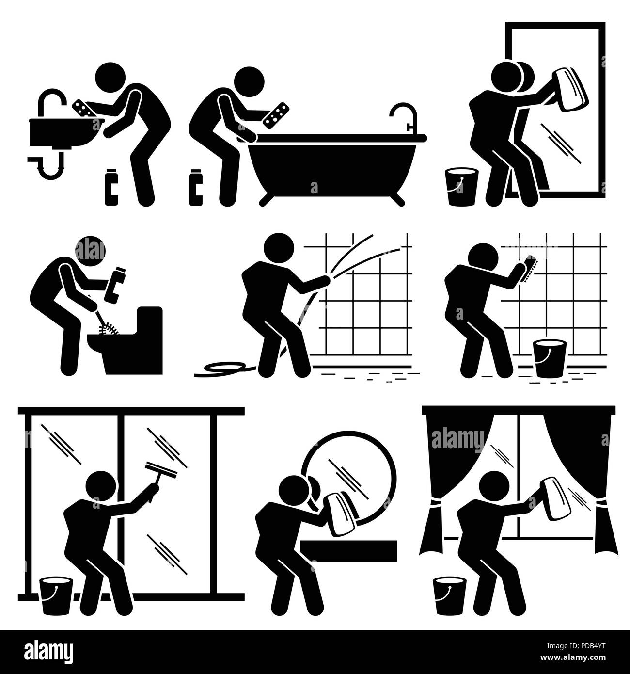 Man Cleaning Bathroom Toilet Windows and Mirror Stock Vector