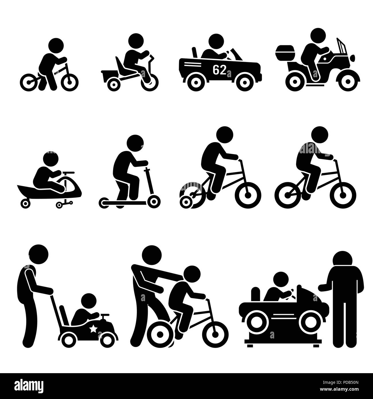 Small Children Riding Toy Vehicles and Bicycle Stick Figure Pictogram Icons Stock Vector