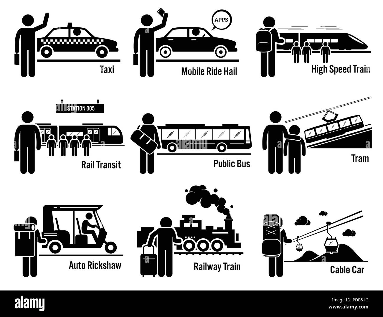 Land Public Transportation Vehicles and People Set Stock Vector