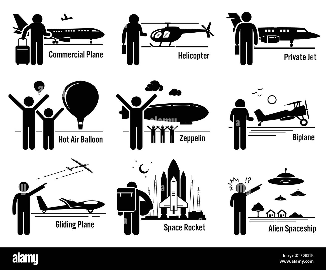 Air Transportation Vehicles and People Set Stock Vector