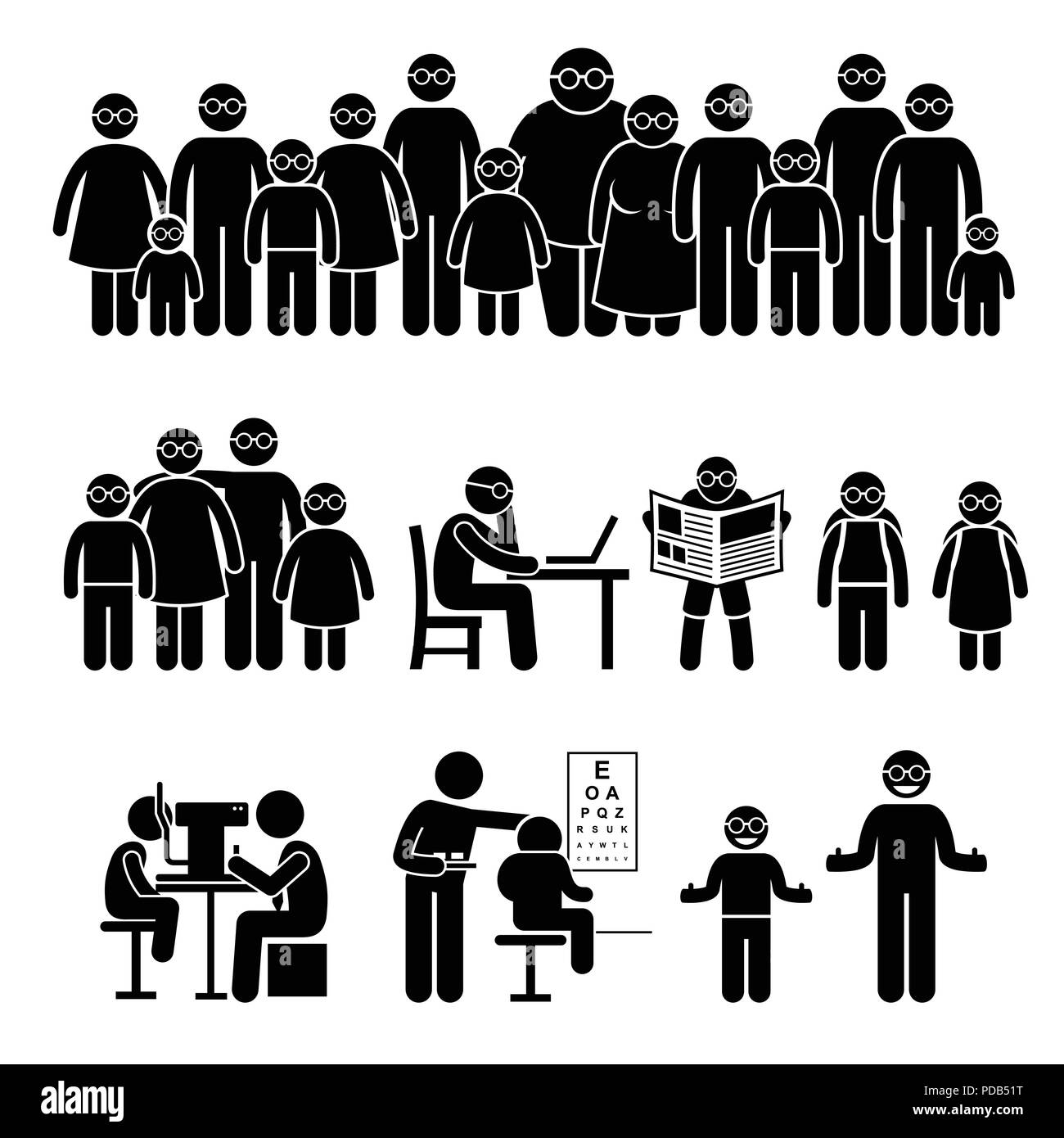People Children Family Wearing Glasses Stick Figure Pictogram Icons Stock Vector