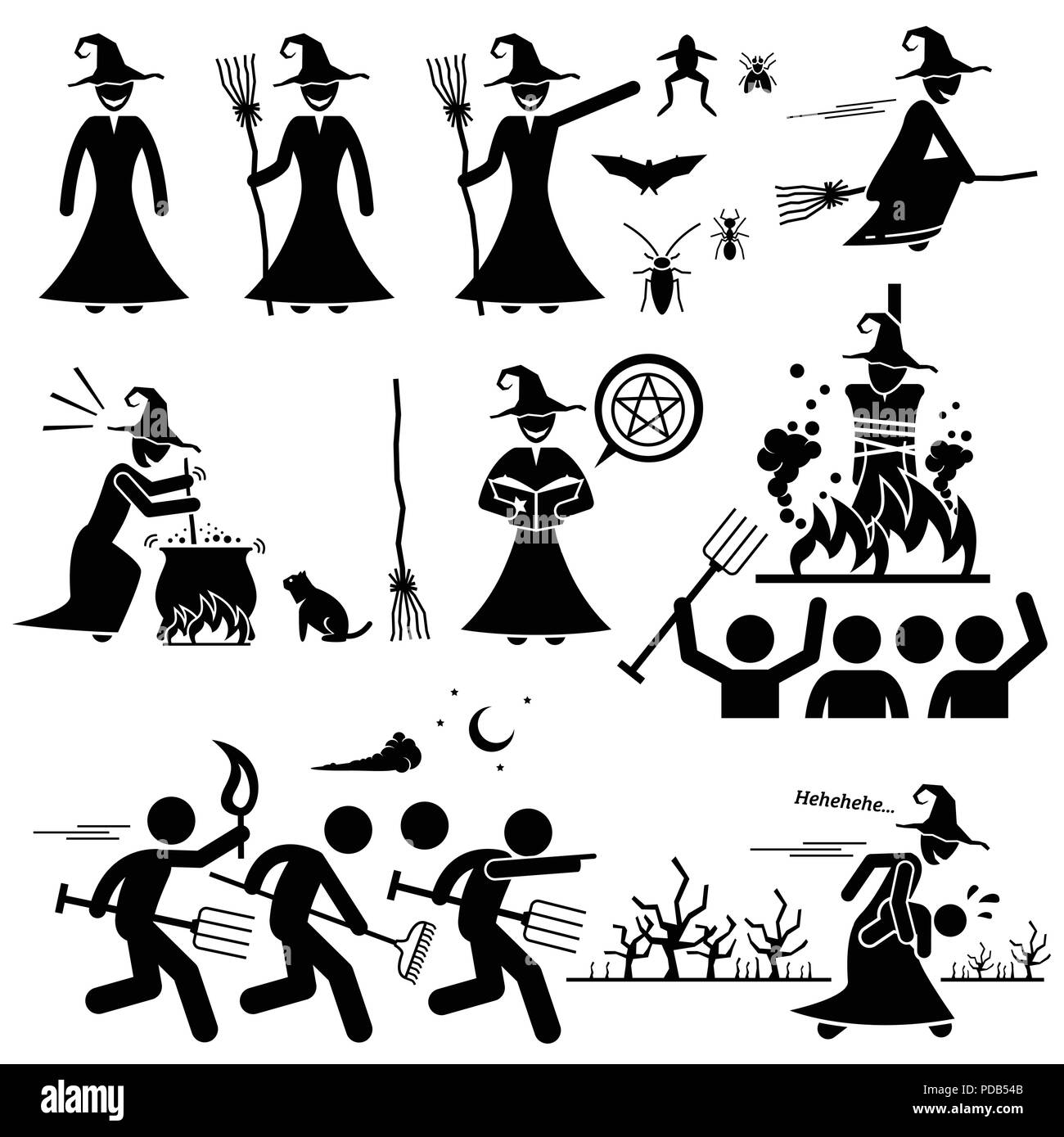 Evil Witch Hunt Witchcraft Black Magic Stick Figure Pictogram Icons Stock Vector