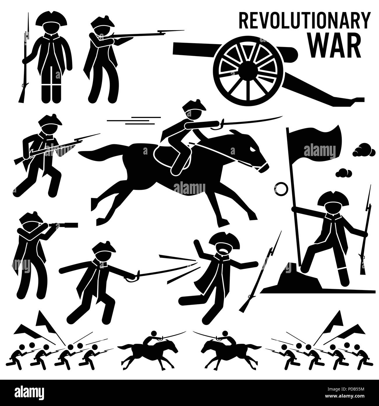 Revolutionary War Soldier Horse Gun Sword Fight Independence Day Patriotic Stick Figure Pictogram Icons Stock Vector