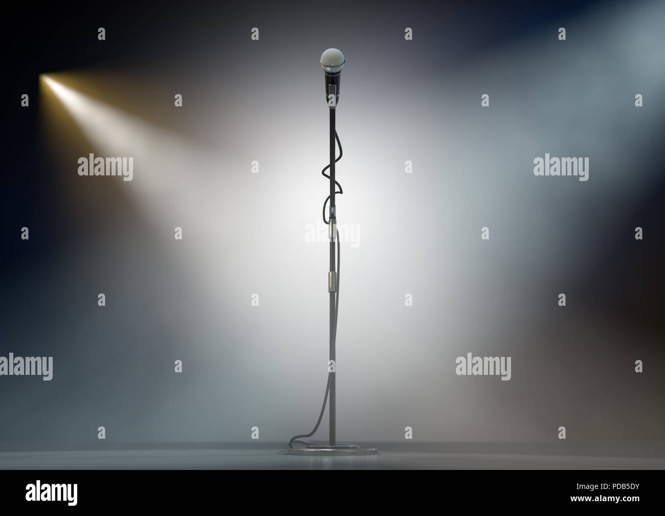 A dark stage with a single microphone on a stand dramatically lit by two spotlights - 3D render Stock Photo