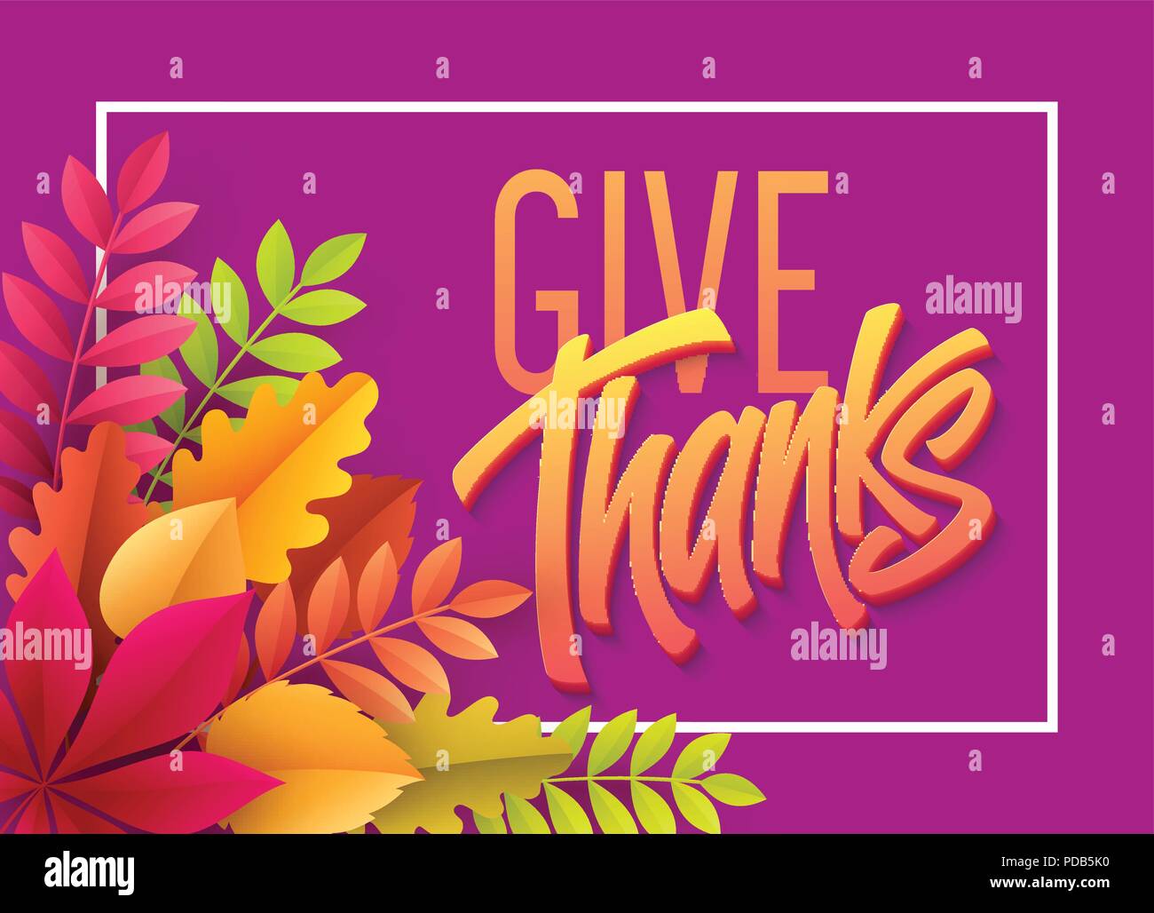 Happy Thanksgiving lettering with paper autumn leaf. Vector