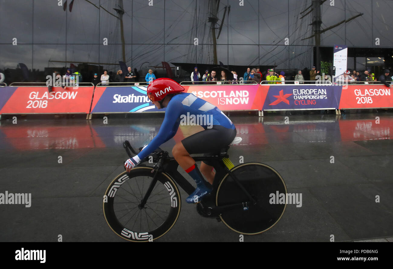 Finland's Lotta Lepisto competes in the Women's Time Trial during day seven of the 2018 European Championships at the Glasgow Cycling Road Race Course. Stock Photo