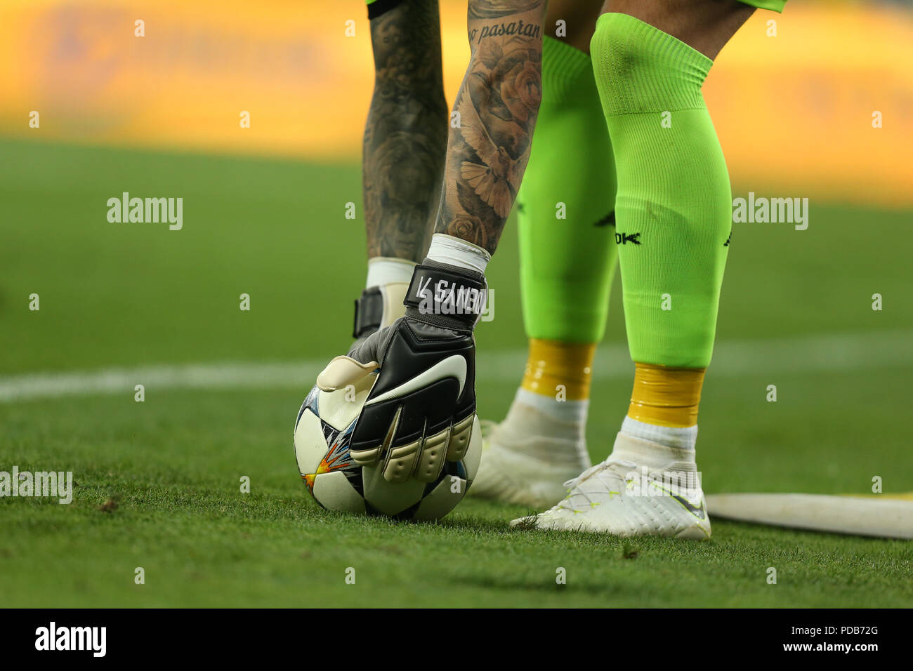 3 AUGUST, 2018 - KIEV, UKRAINE: Goalkeeper gloves with official match ball  of UEFA Champions League. Beautiful picturesque, spectacular macro close-up  Stock Photo - Alamy