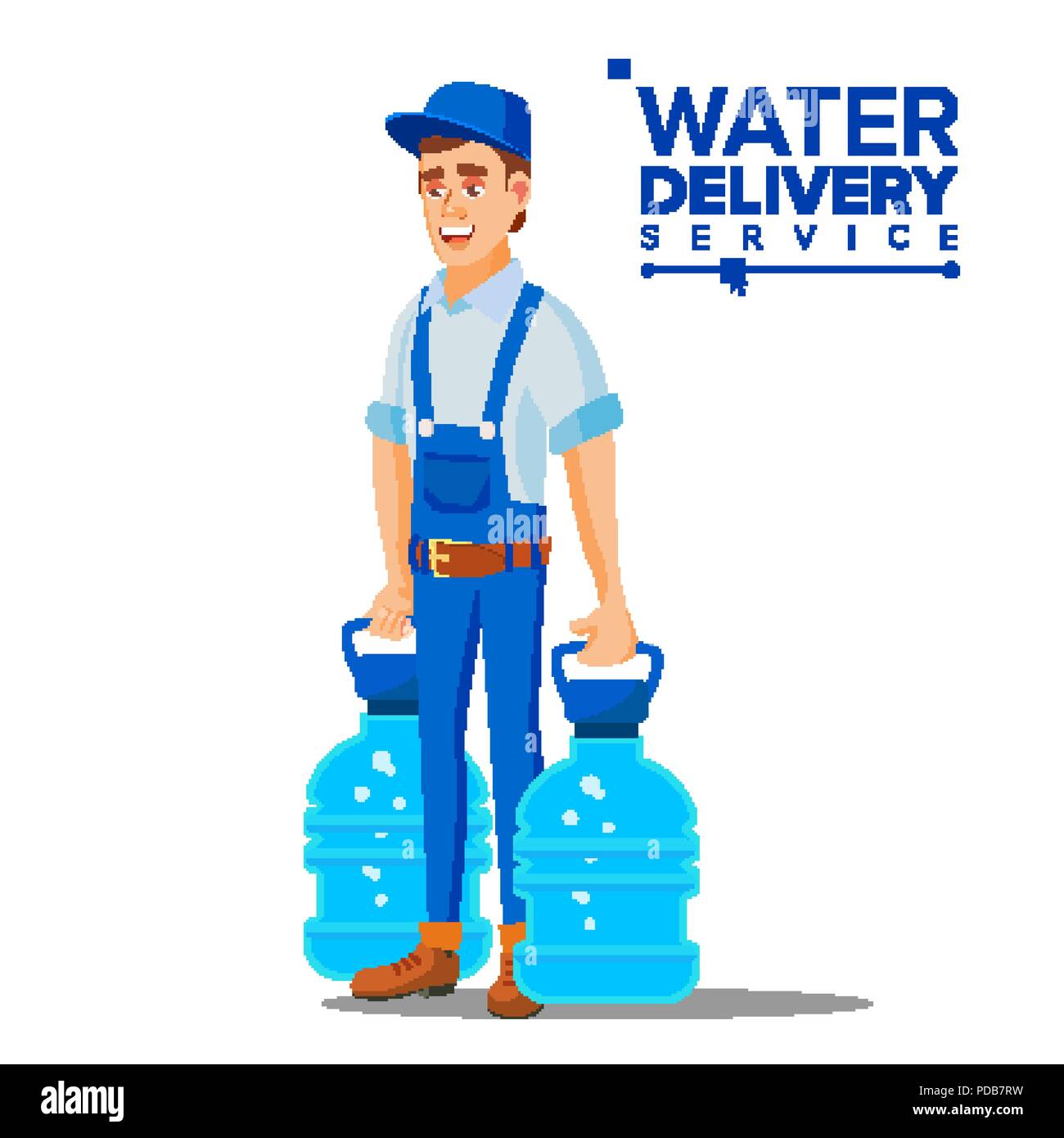 Water Delivery Service Man Vector. Worker In Blue Uniform. Purification