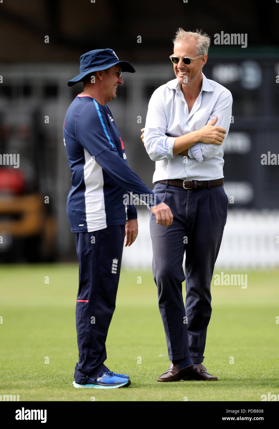 England head coach Trevor Bayliss (left) with national team selector Ed Smith during the nets session at Lord's, London. Stock Photo