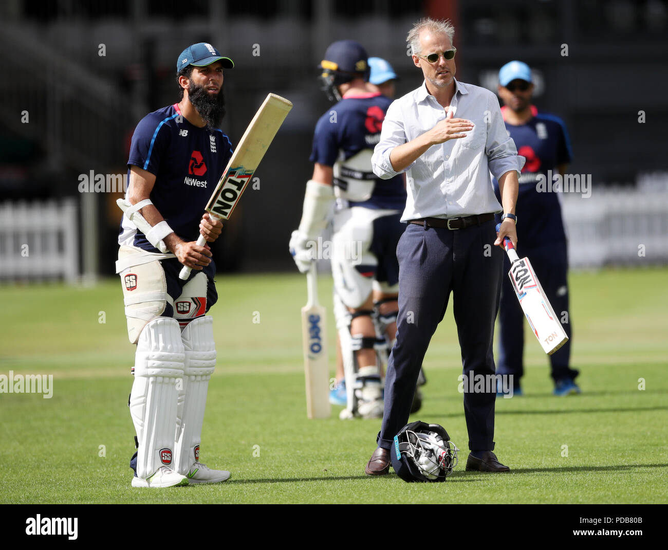 England national team selector Ed Smith (right) and Moeen Ali during the nets session at Lord's, London. Stock Photo