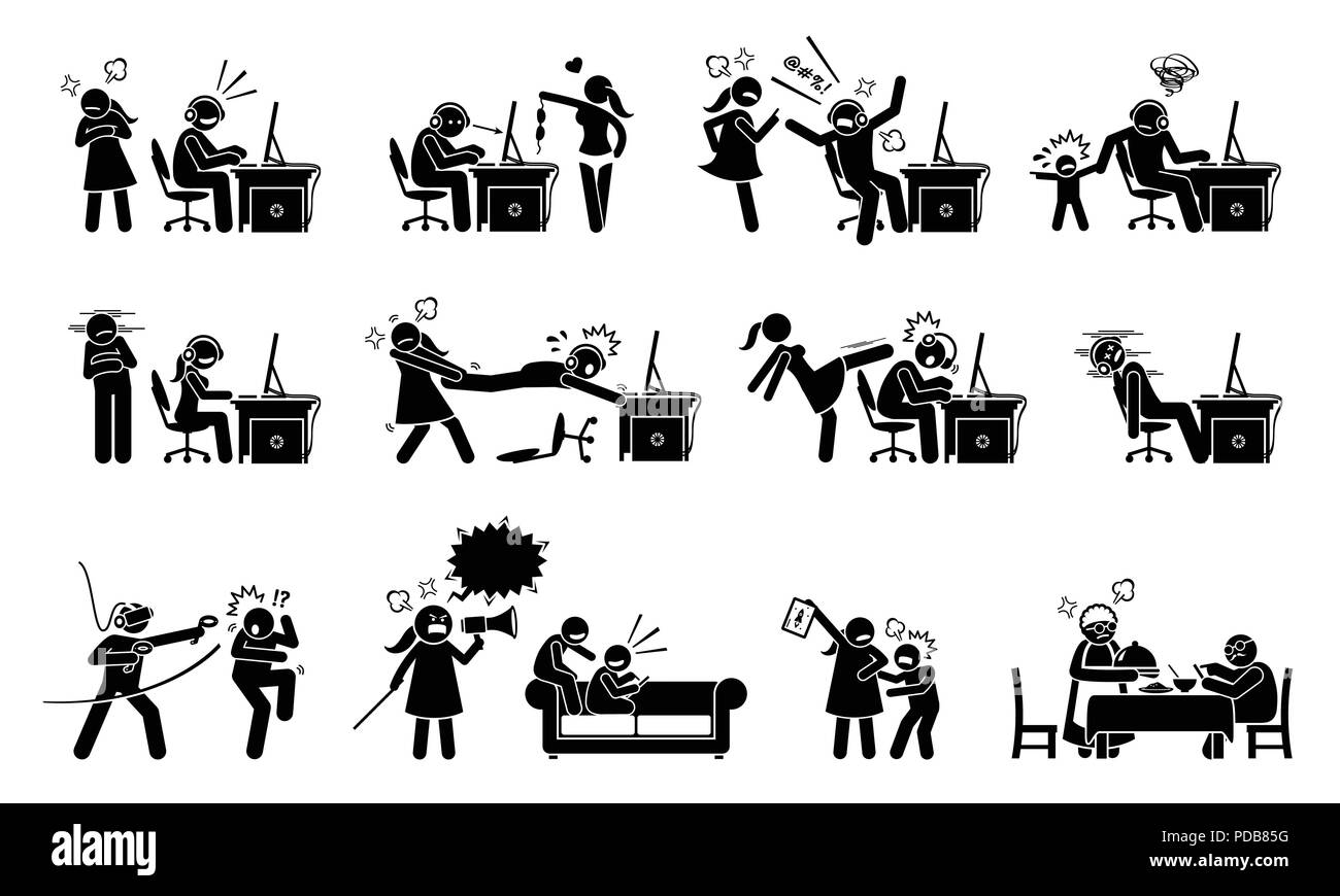 Gaming disorder and gaming addiction. Stick figure icons depict game addict playing computer and smartphone games. They are having social problem. Stock Vector