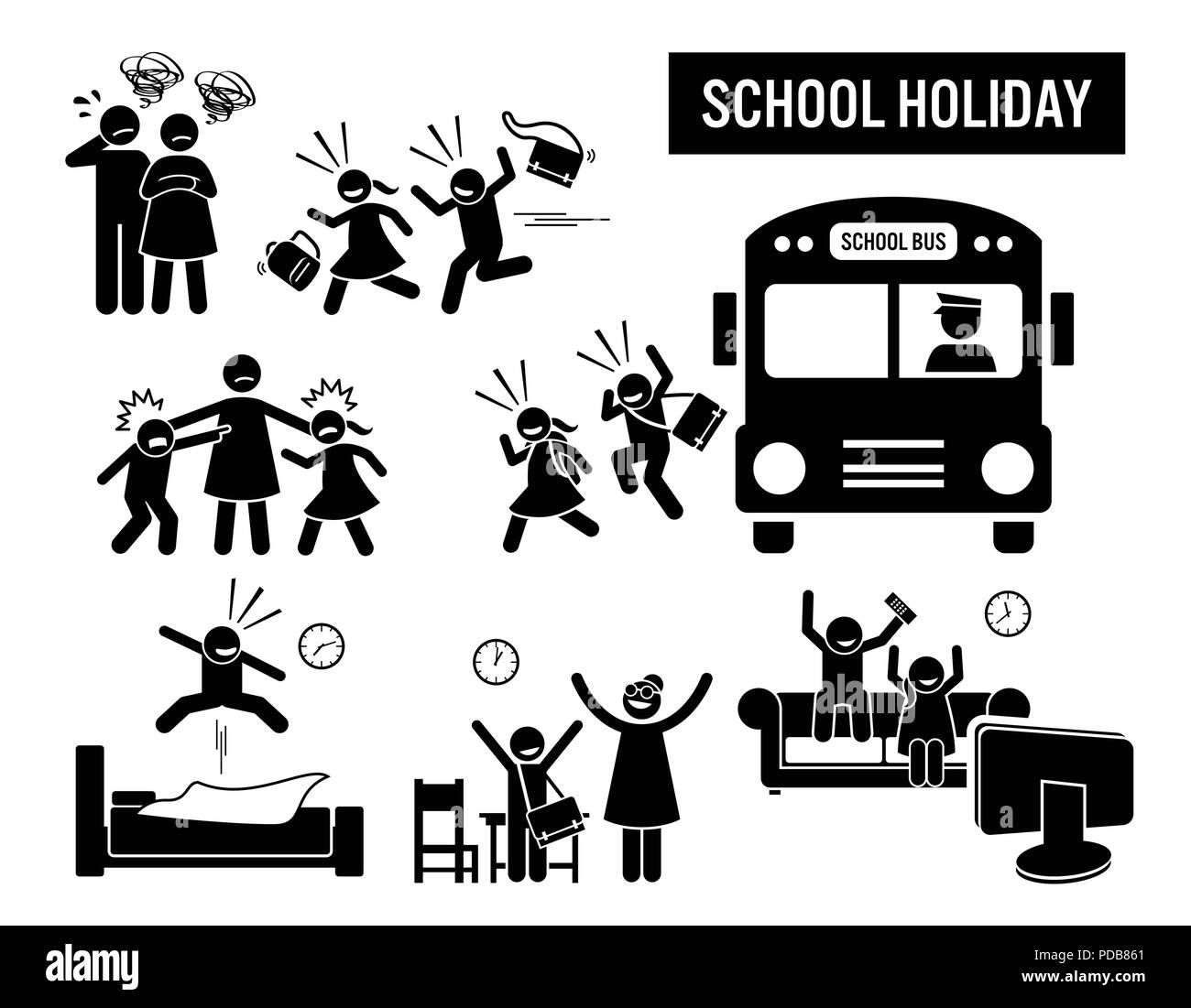 Children school holiday. Stick figure pictogram depicts school children coming back from school holiday. The parent are sad, but the kids are happy. Stock Vector
