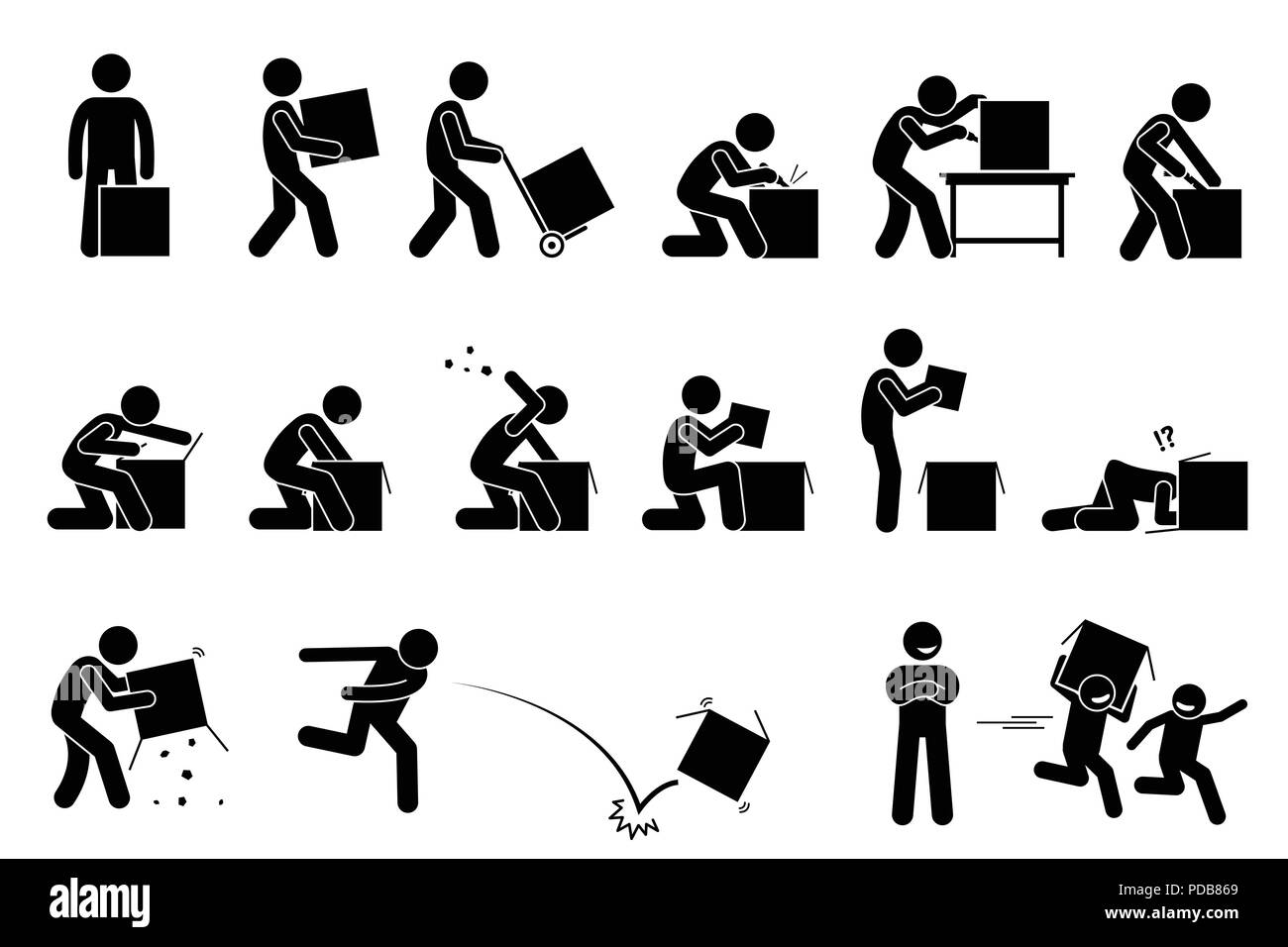 Man opening and unboxing a box. Stick figure pictogram depicts a man carrying, cutting, opening, checking, and throwing away the box. Stock Vector