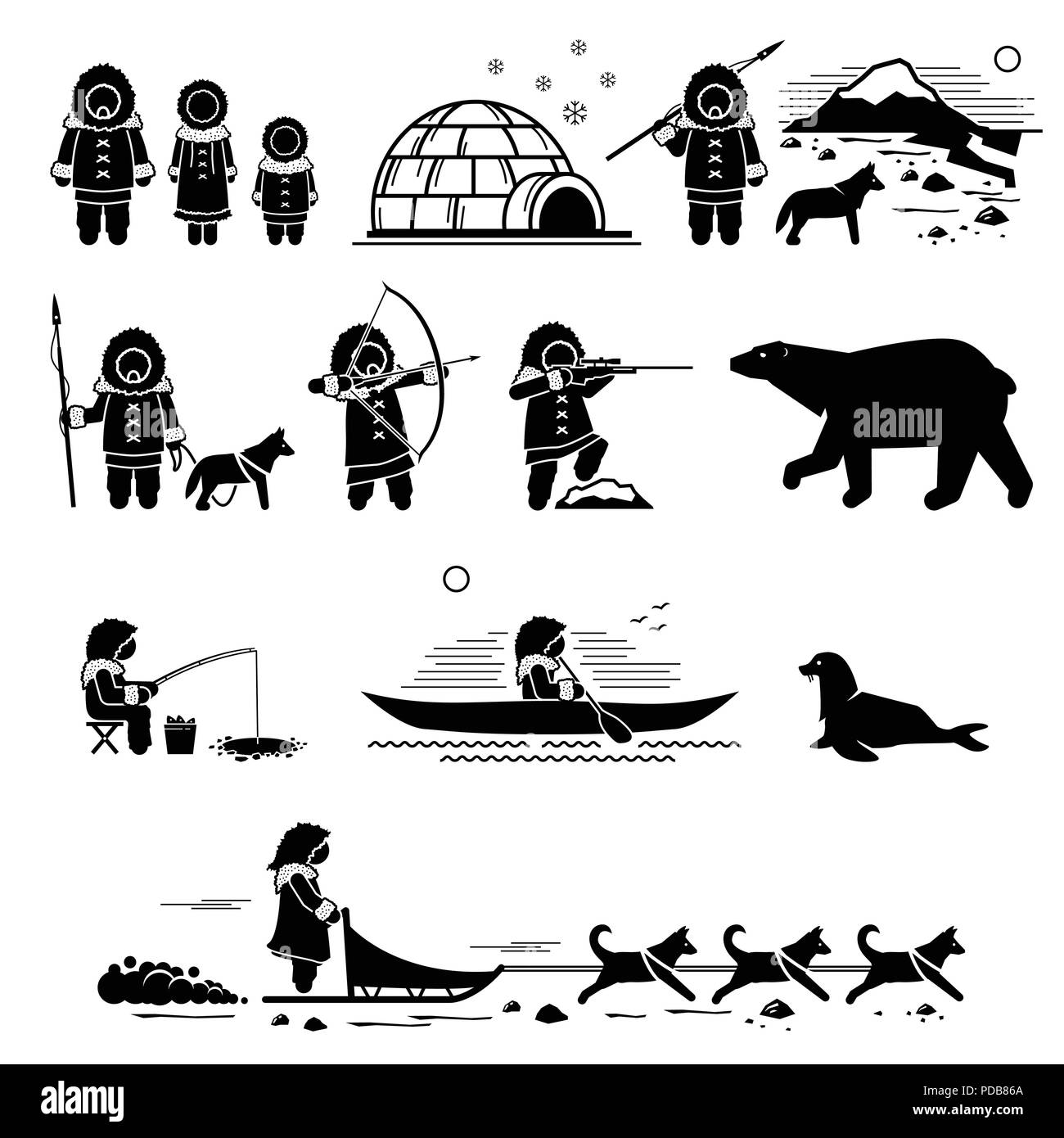 Eskimo people, lifestyle, and animals. Stick figure pictogram depicts Eskimo human, igloo, hunting, fishing, polar bear, husky dog, sled dogs, seal. Stock Vector