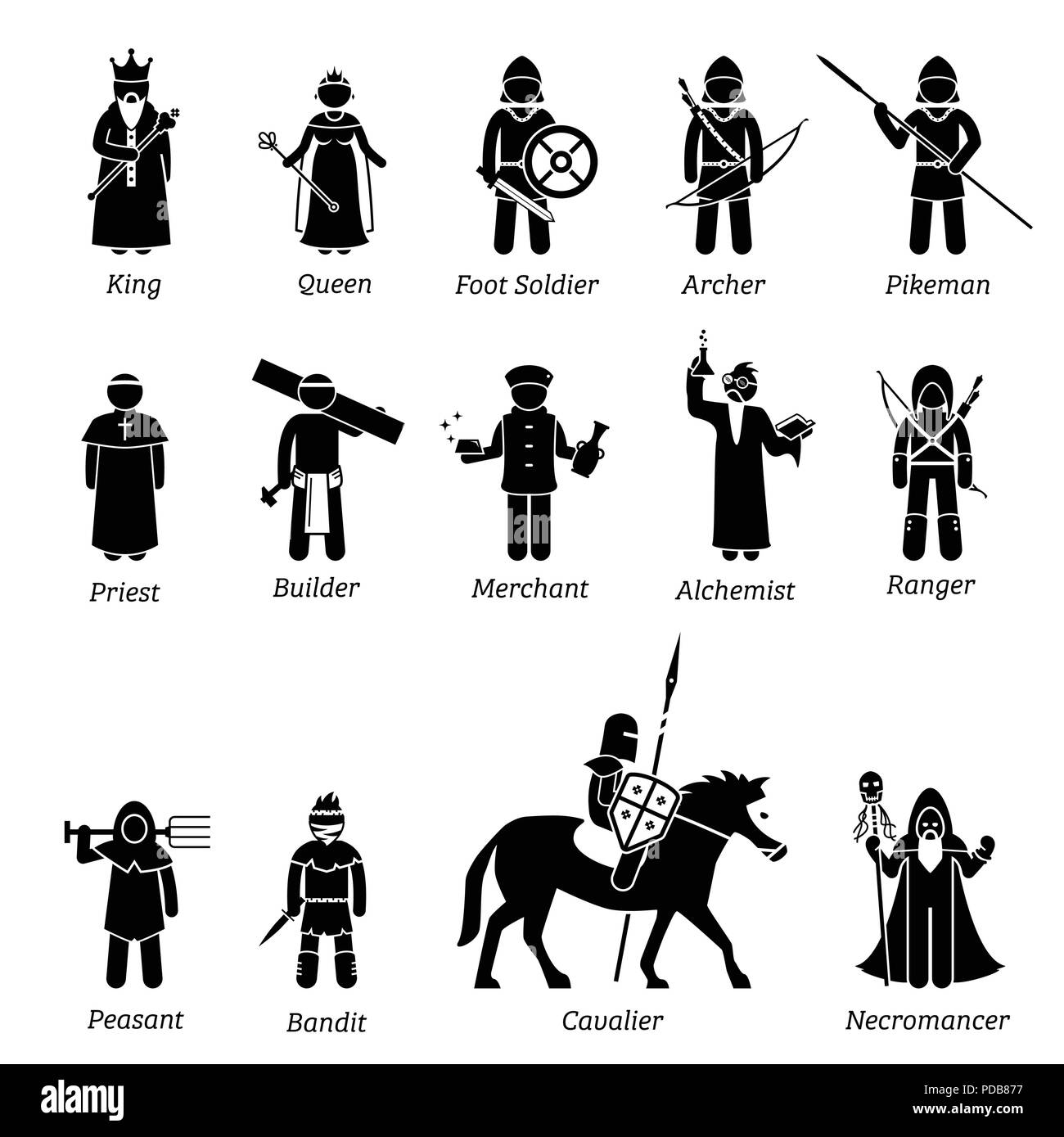 Ancient medieval characters classes and warriors icon set. Stock Vector