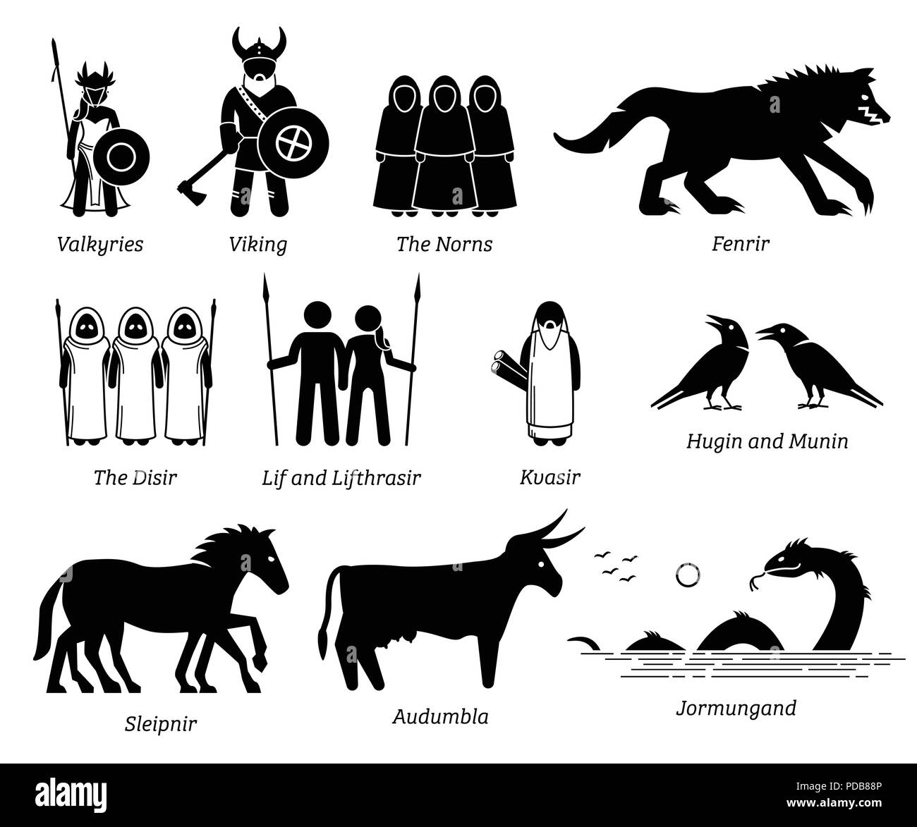 Ancient Norse Mythology People, Monsters and Creatures Characters Icon Set Stock Vector