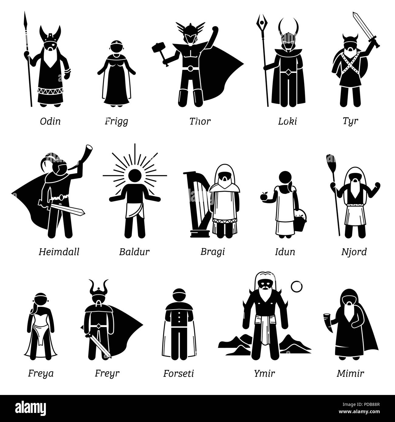 Ancient Norse Mythology Gods and Goddesses Characters Icon Set Stock Vector