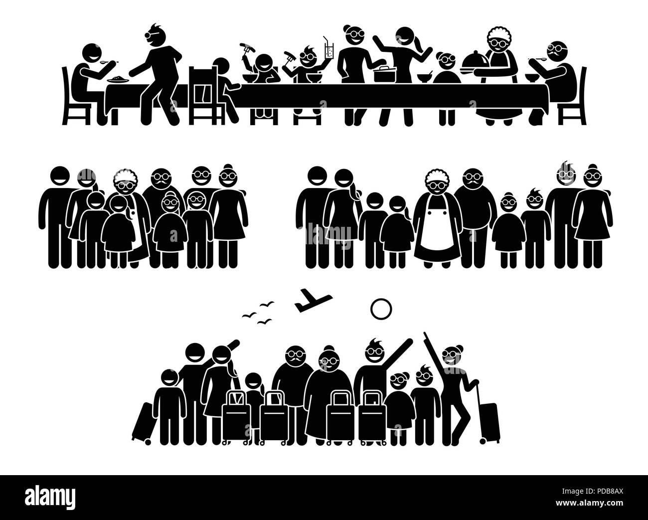 Big family and relatives reunion, gathering and activities. Stick figure pictogram depicts family and relatives getting together for a meal, vacation. Stock Vector