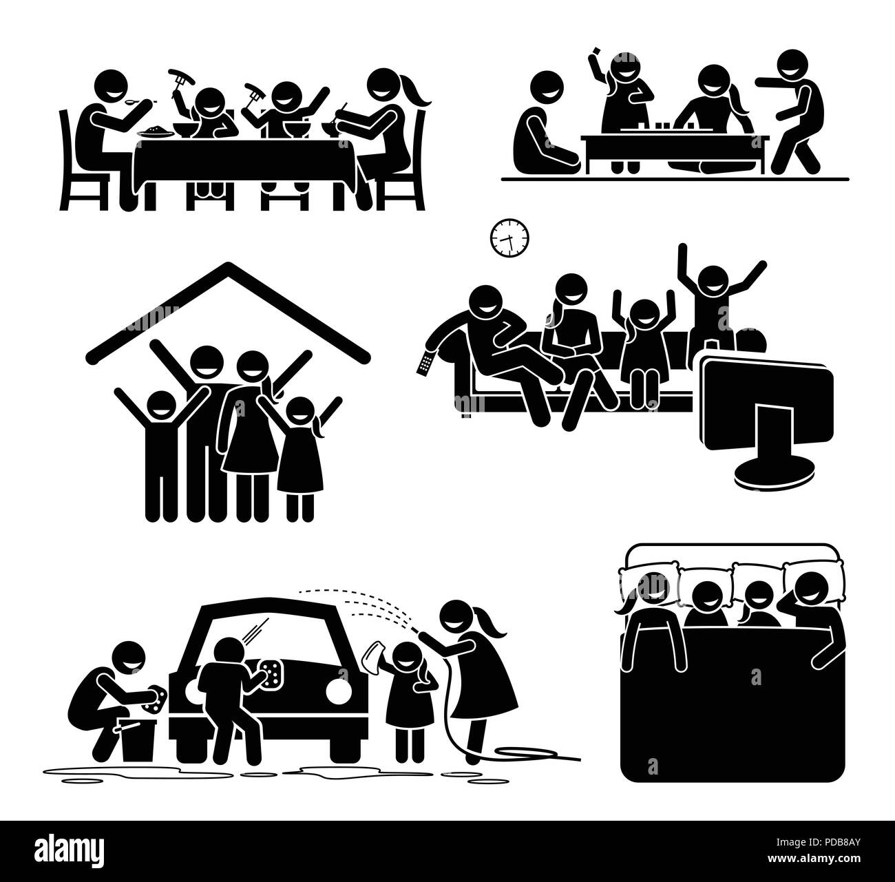 Family activities time at home. Stick figures pictogram depict family having meal, playing board games, watching TV, and washing car. Stock Vector