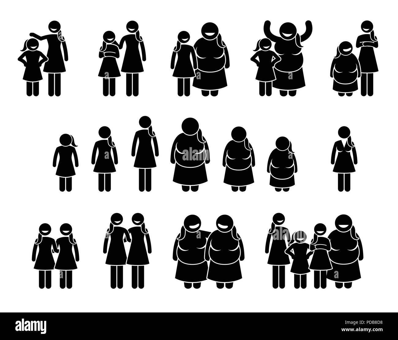 Woman and Girls of Different Body Sizes and Heights Icons. Stick figures pictogram depict average, tall, short, fat, and thin body figures of female. Stock Vector