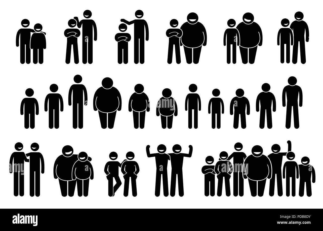 People and Man of Different Body Sizes and Heights Icons. Stick figures pictogram depict average, tall, short, fat, and thin body figures of human. Stock Vector