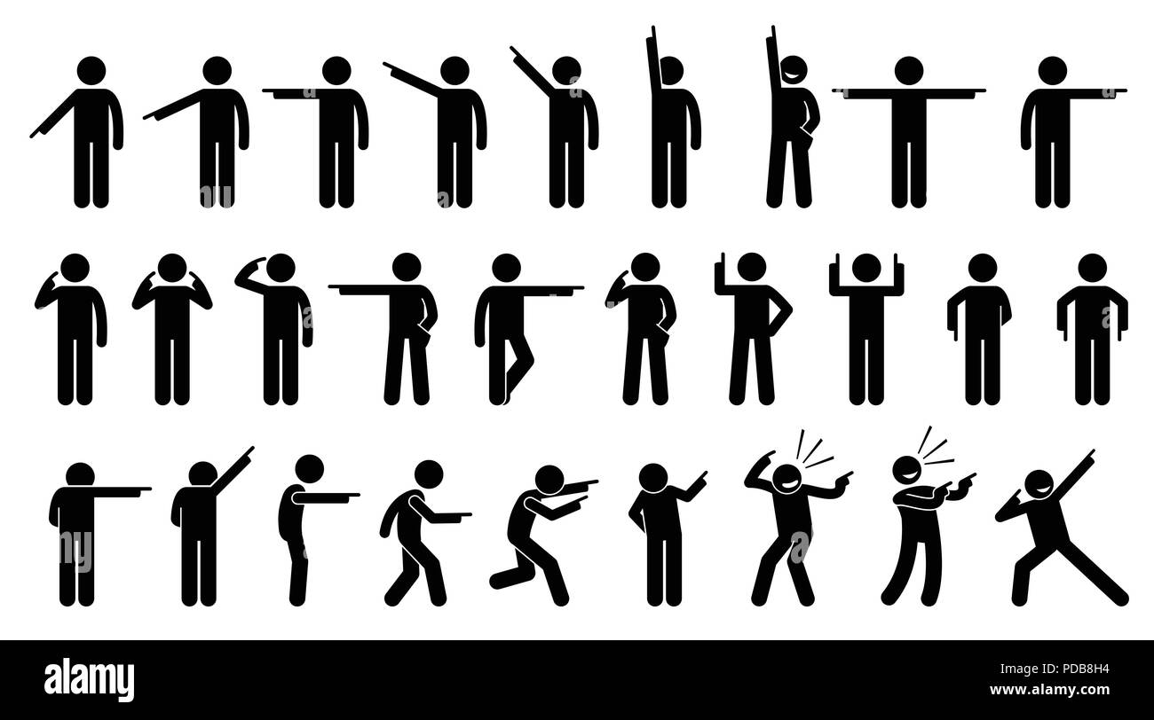 Stick Figures of a Person Pointing Finger. A set of stick figures showing a man pointing in different directions on different poses and positions. Stock Vector