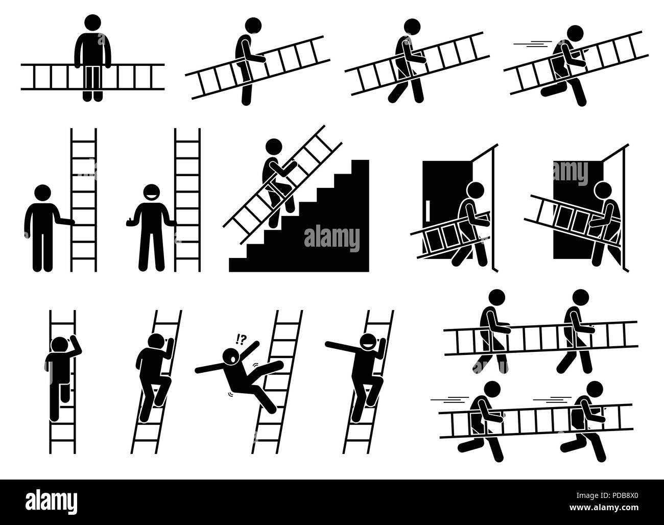 Man with a ladder. Pictogram showing a man holding and carrying a ladder while walking and running. Stock Vector