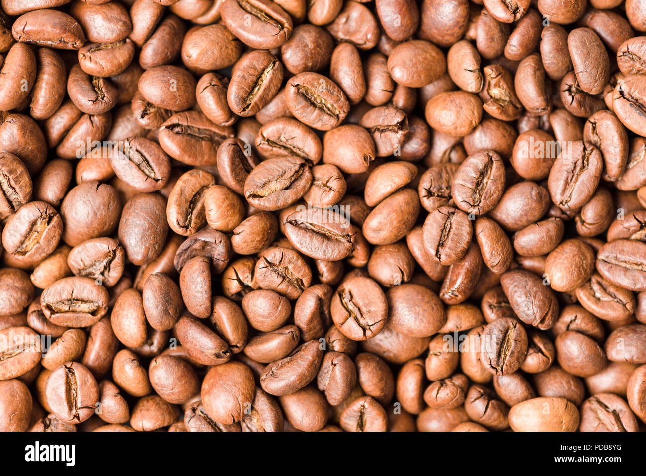 Coffee bean close up. Many roasted coffee beans viewed from above Stock